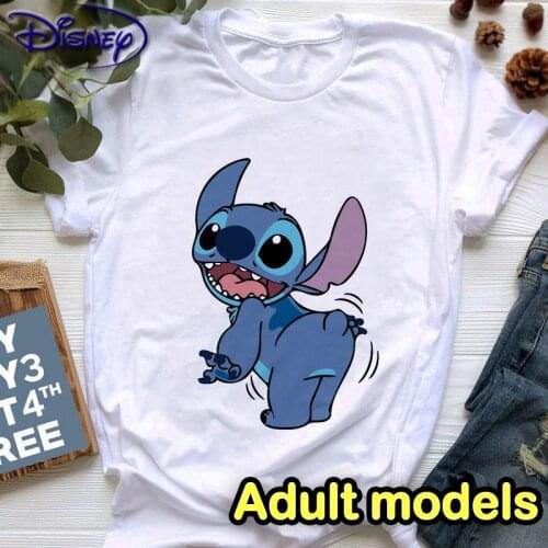 Disney Stitch T-shirt Ladies Summer Cartoon Top T-shirt Fashion Men and Women Same Style Adult White T-Shirt Base Hot Sale