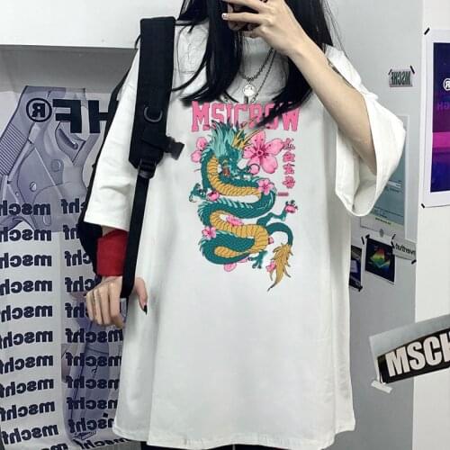 Summer Womens T-Shirt Tops Chinese Dragon Printing T-Shirt Oversized Harajuku Aesthetic Casual O-Neck Tee Shirt Female Clothes