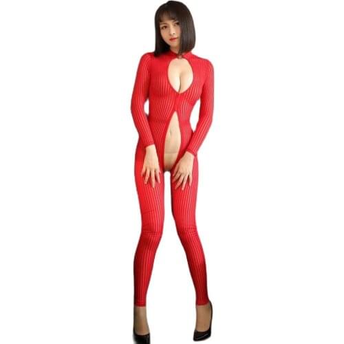 Ice Silk Hollow Out Bust Bodycon Jumpsuit Zipper Open Crotch Bodysuit Striped Tights Bodystocking See Through Swimsuit Lingerie