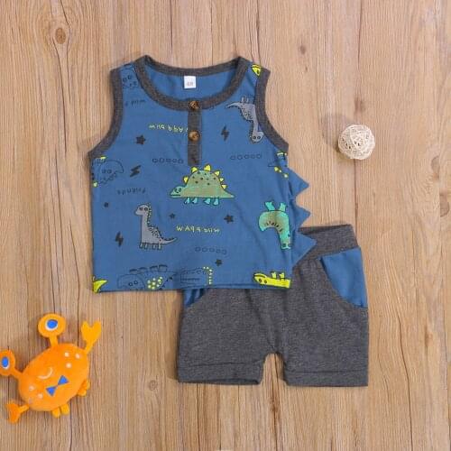 Baby Little Boys Clothing Set Summer 2PCS Kids Suit Set Cartoon Dinosaur Print Round Neck Vest+ Shorts with Pockets for Toddler