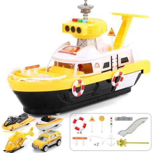 Simulation Track Inertia Boat with Vehicles Set Music Lights Ship Model Kids Toy P31B