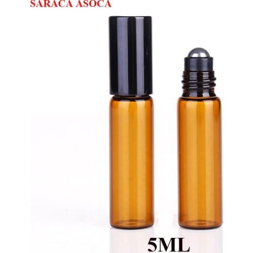 Whoelsael Retail 5ml 100pcs/lot Mini Brown Color Ball Glass Bottles Black Cap Steel Ball Essential Oil Glass Refillable Bottles