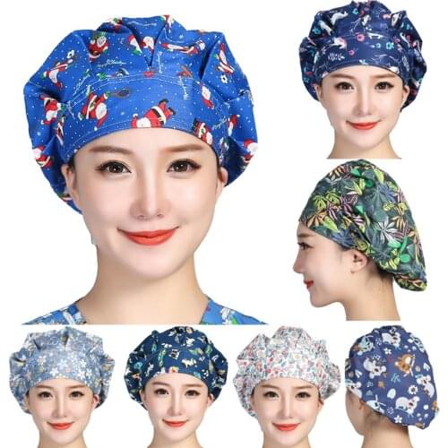 Christmas Scrubs Hats Printed Cotton Sweatband Bouffant Caps Adjustable Washable Printed Work Wear Beauty Salon Working Caps