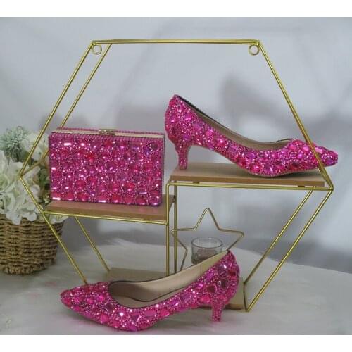 Fuschia Pink Pointed Toe Crystal Wedding Shoes With Matching Bags Women High Heels Shoes Party Dress Shoes And Bags Set Woman