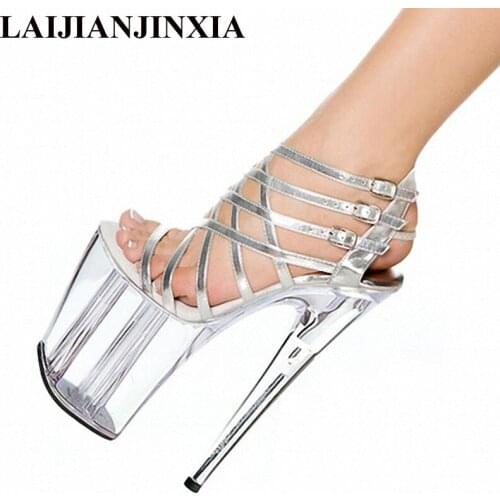LAIJIANJINXIA Thin Heels Dance Shoes Sexy 20 CM Ultra High Heels Sandals 8 inch Strappy Silver Wedding Shoes Crystal Shoes