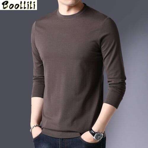 Boollili 2020 Spring Mens T-shirts Long Sleeve Shirt Real Silk T-shirt for Men Crew Neak Shirt Solid No Modal Casual