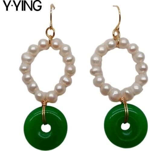 Y·YING natural Freshwater Cultured White Pearl Ring Green stone dangle hook Earrings for women