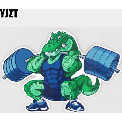 YJZT 17.2×11.9CM Green Crocodile Lifting Weights Creative Cartoon Bumper Decoration Car Sticker 21A-0246
