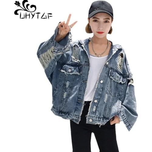 UHYTGF Denim Jacket Women Tops Spring Autumn Jeans Jacket Women Hole Coat Ladies Jackets And Coats Cool Tide Single Breasted 81