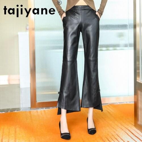 Streetwear Flare Women Pants Womens Genuine Leather Trousers Woman Real Sheepskin Pants High Quality Pantalones TN1288