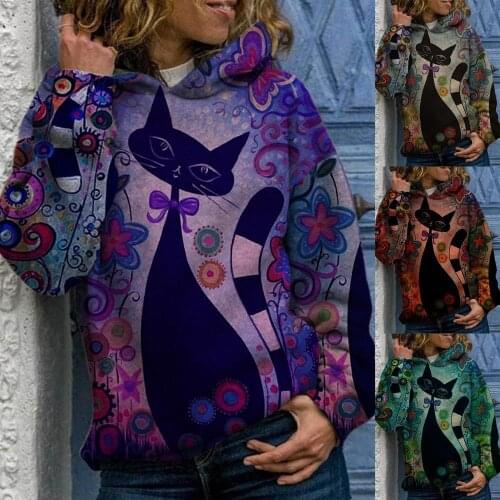 Women Sweatshirt Autumn Winter Digital Cats Print Hoodie Long Sleeve Sweatshirt Pullover Streetwear Tops Clothes Plus Size 2021