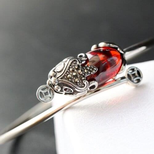 Silver Jewelry Wholesale S925 Sterling Silver Womens Bangle Vintage Thai Silver Enamel Open Ended Bangles