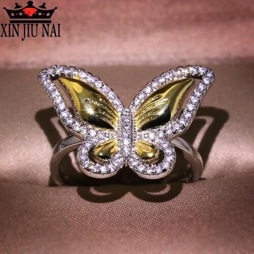 2020 New 14K Gold Plated Bow Shiny Crystal Zircon Butterfly Womens Princess Luxury Ring Jewelry Fashion Party Birthday Gift