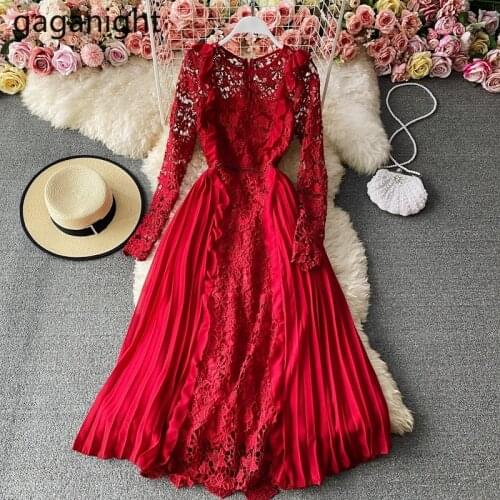 Gaganight Sweet Women Lace Hollow Out Party Maxi Dress Long Sleeve Bodycon Vestidos New 2021 Spring Solid Dresses A Line Chiffon
