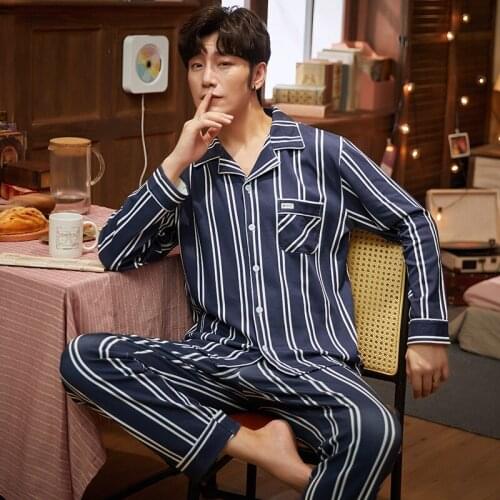 Winter Men Pajamas Set Simple Blue And White Striped Pocket Pajamas Cotton Long-sleeve Warm Homewear Plus Size Lounge Sleepwear