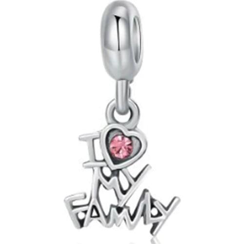 5PCS Htevak Silver Color Bead I Love My Family Charm Pink Crystal Hollow Pendant Fit Bracelet & Necklace DIY Jewelry Mother Gift