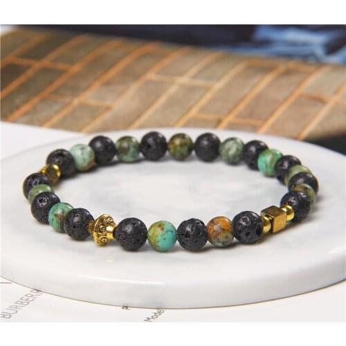 6mm Natural Stone Beads Handmade Green African Turquoises Vintage Bracelet Lava Stone Charm Bracelet for Men Women Bileklik