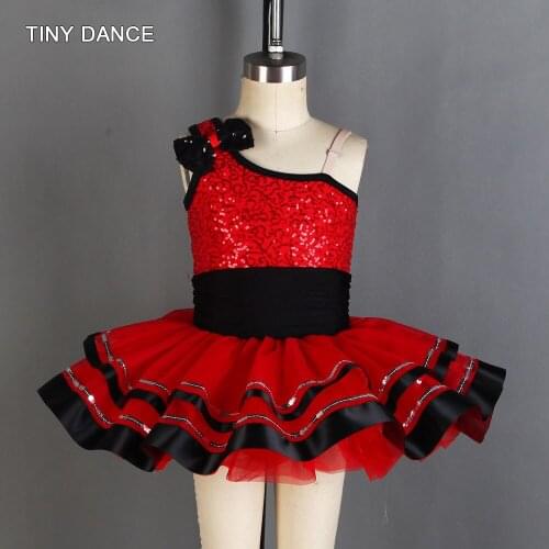 Sparkling Red Sequin Loetard Bodice with Attached 4 Layers Tulle Tutu Skirt with Black Ribbon Trim Kids Ballet Dance Tutus 20055