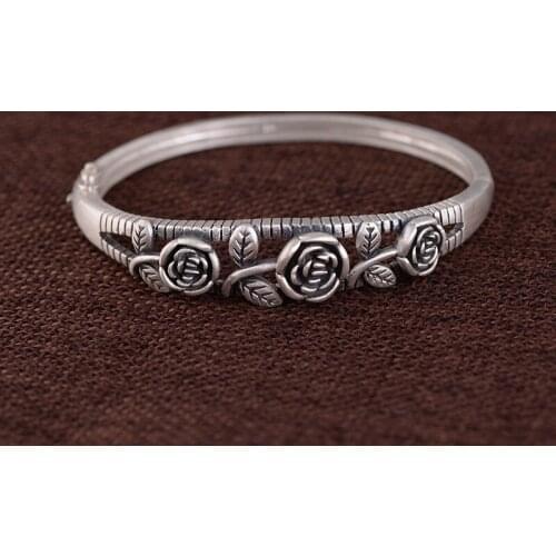 FNJ 990 Silver Bangles for Women Jewelry 100% Original S990 Sterling silver Rose Flower Bangle