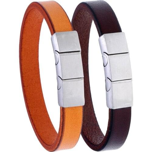 Hot Selling Trendy Mens Jewelry Simple Wild Retro Mens Cowhide Bracelet Stainless Steel Magnet Buckle Leather Bracelet