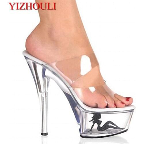 Top Selling Sexy Vogue Clear Women Sandal 6 Inch High Heel Slipper 15cm Platform Appliques Pretty Girl Party Crystal Shoes