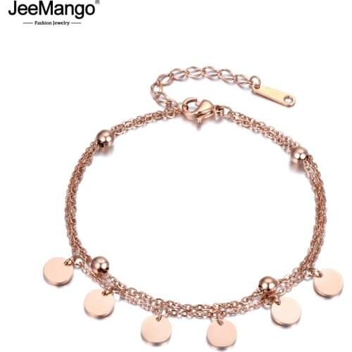 JeeMango Trendy Stainless Steel Jewelry 2 Layers Bracelets 6 Round Little Disc Rose Gold Color Cute Bracelet JB18180