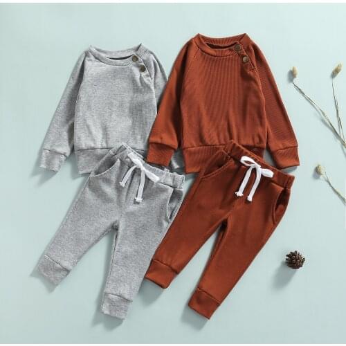 FOCUSNORM 2 Colors Newborn Baby Boys Girls Clothes Sets Autumn Solid Long Sleeve Button Pullover Tops Pants 0-24M
