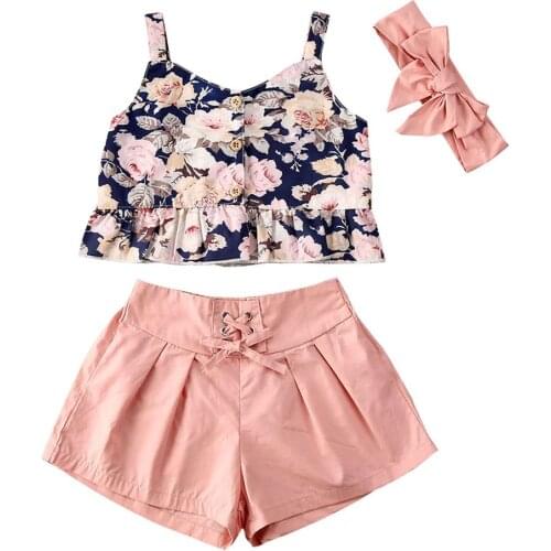 Summer 3Pcs Set Baby Kids Girl Clothes arrival Cute Floral Strap Single Breasted Vest Solid Shorts Pants Outfits Set 0-4Y