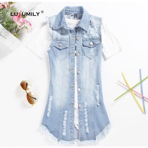 Lusumily Women Long Denim Vest Autumn Plus Size Long Waistcoat Sleeveless Cowboy Outwear Coat Female Sleeveless Jean Jacket