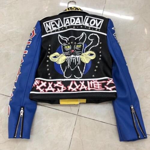 Fashion Rivet beading leather jacket Locomotive graffiti cartoon pu Leather Jacket female Punk Motorcyle Jackets with belt F2122