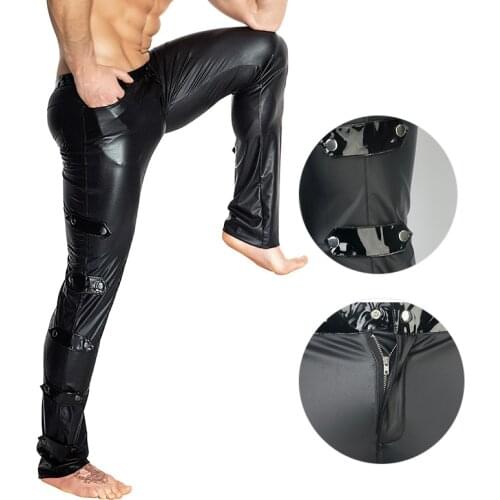 Fad Mens Motorcycle Clothing Euramerican Sexy Club Role-Play Stage Show Pants Patent Leather Pants Faux Leather Tight Trousers