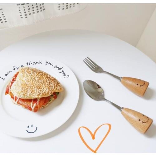 Eco Friendly Tableware Cute Stainless Steel Creative Smile Spoon and Fork Set Wooden Handle Dinnerware Set Kitchen Accessories