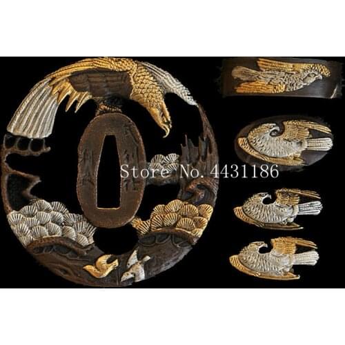 A SET TOP QUALITY JAPANESE SAMURAI SWORD GUARD TSUBA EAGLE THEME HANDMADE BRASS KATANA DIY FITTING- TSUBA+FUCHI+KASHIRA+MENUKI