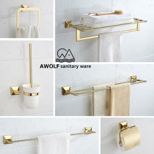 Solid Brass Bathroom Accessories Shiny Light Gold Toilet Brush Towel Bar Paper Holder Coat Hooks Soap Dish Golden AZ5153