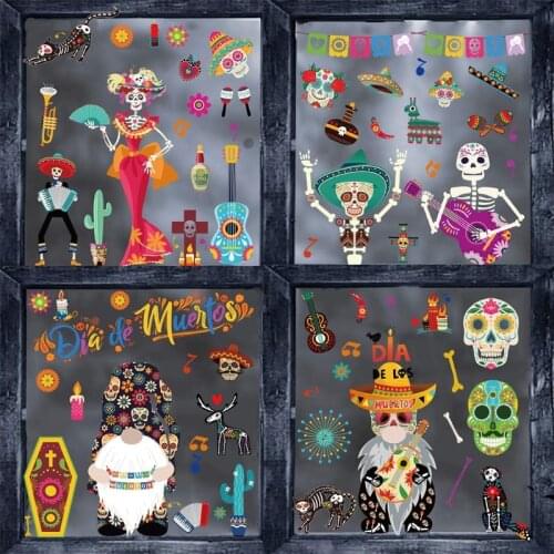 P15D 9 Sheets Halloween Window Clings Gnome Skull Decorations Static Decals for Window Glass Wall Sticker Rave Party Supplies