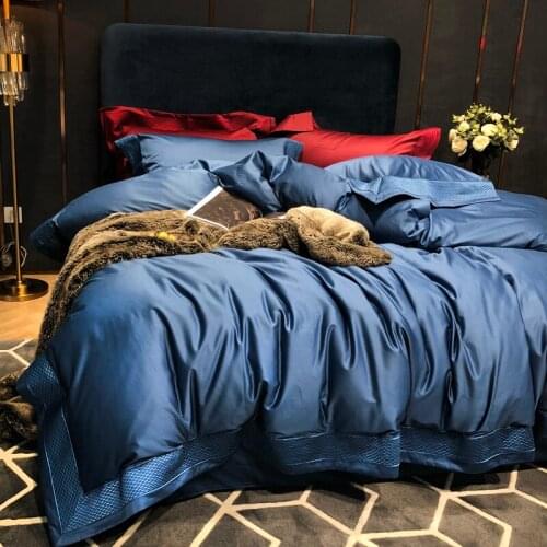 Luxury Solid 100S Egyptian cotton Embroidery Bedding sets Queen King Royal Duvet cover Bed sheet set Pillowcases 4pc 4color Blue
