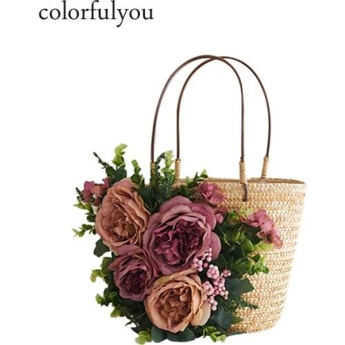 2021 NEW Flowers Women Bag Summer Beach Ladies Handbag Causal Straw Woven Shoulder Bags Small Purse Pouches Bolsa Travel Bags