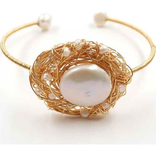 Light Yellow Gold Color Wire Wrap Irregular Shape Pearls Open Bangle for Anniversary Gift Jewelry