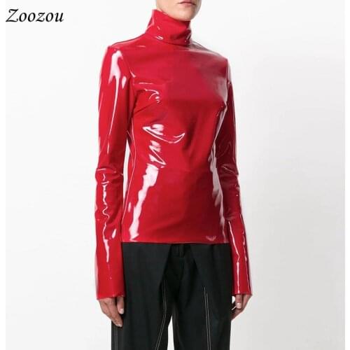 Women Latex Patent Leather Long Sleeve Tops Back Zipper Turtleneck Warm Pullover Black Red Leather Clothes Streetwear Custom