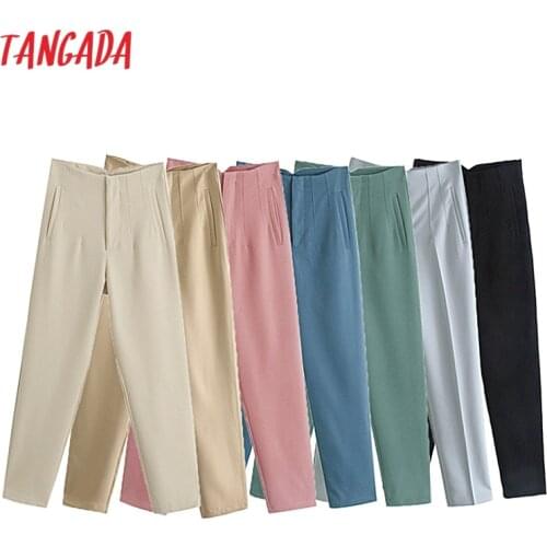 Tangada 2021 Women High Wasit Suit Pants Trousers Vintage Style Pockets Buttons Office Lady Pants Pantalon JE43