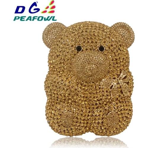 Women Cartoon Cute Bear Hollow Out Gold Crystal Evening Bags Metal Hard Case Clutches Rhinestones Gift Box Handbag Clutch Purse