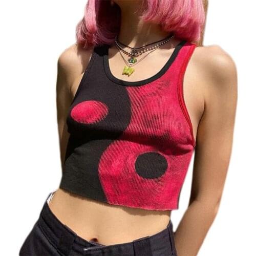 066C Women Summer Sleeveless Ribbed Crop Top Harajuku Contrast Color Eight-Diagram Printed Slim Vest Scoop Neck Casual Shirts