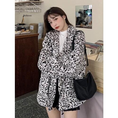 Contrast color leopard print plus velvet thick coat womens autumn new Korean version loose lazy wind warm top