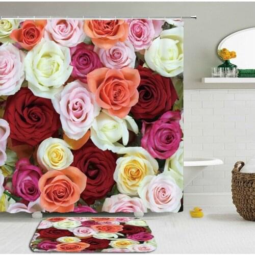 2Pcs/Set Colorful Fresh Flowers Bath Curtains Shower Curtain Set Bathroom Waterproof Cloth With Non-slip Mat Rug Toilet Floor