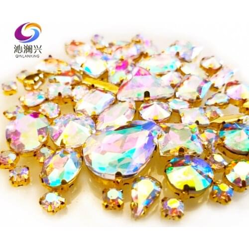58pcs/pack AB Color Gold Bottom Mix Shape Mix Size Crystal Galss Claw Rhinestone,flatback Sew on Stones Diy/Gewelry Accessorys