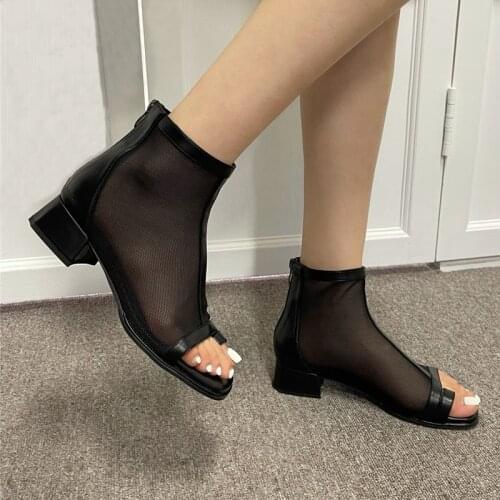 White Sandals Fall Mesh Low Block Heels Punk Open Toe Ankle Boots Black High Heels Women Sandals Fashion Vrouwen Schoenen