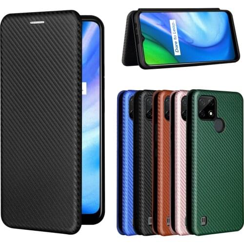 For Realme C21 Case Carbon Fiber Flip Leather Case For OPPO Realme C21 C 21 Business Magnetic Wallet Card Slot Slim Cover 6.5"