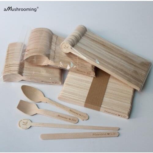 100pcs Personalized Wedding Party Favors Wooden Disposable Dessert Cake Spoons Ice Cream Popsicle Sticks Coffee Swizzle Stirrers