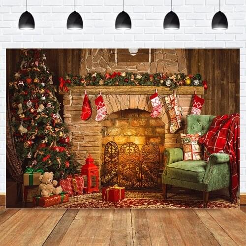 Merry Christmas Party Backdrop for Photography Photocall Winter Brick Fireplace Christmas Tree Background Toys Red Socks Sofa