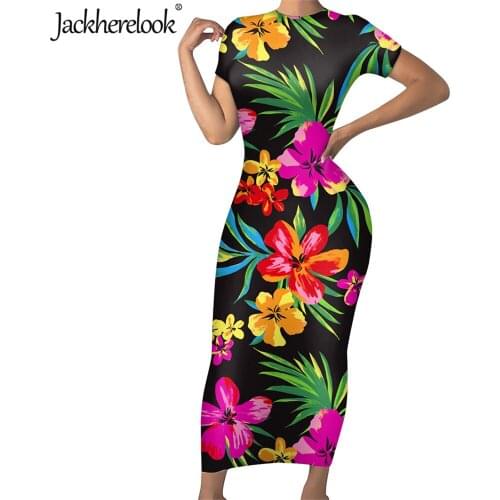 Jackherelook Tropical Hawaiian Hibiscus Print Elegant Women Pencil Dress Office Lady Summer Sexy Bodycon Dresses for Teen Girls